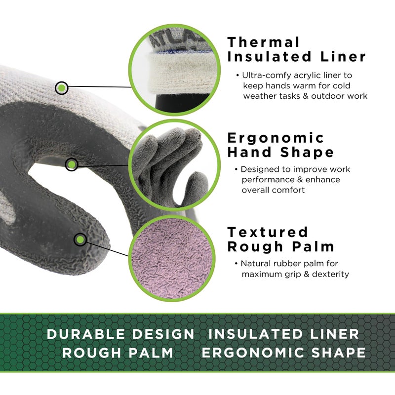 SHOWA Atlas 451 Natural Rubber Latex Palm Coated Insulated General Purpose Winter Work Glove with Poly Blend Liner, Small (12 Pair) - Image 2